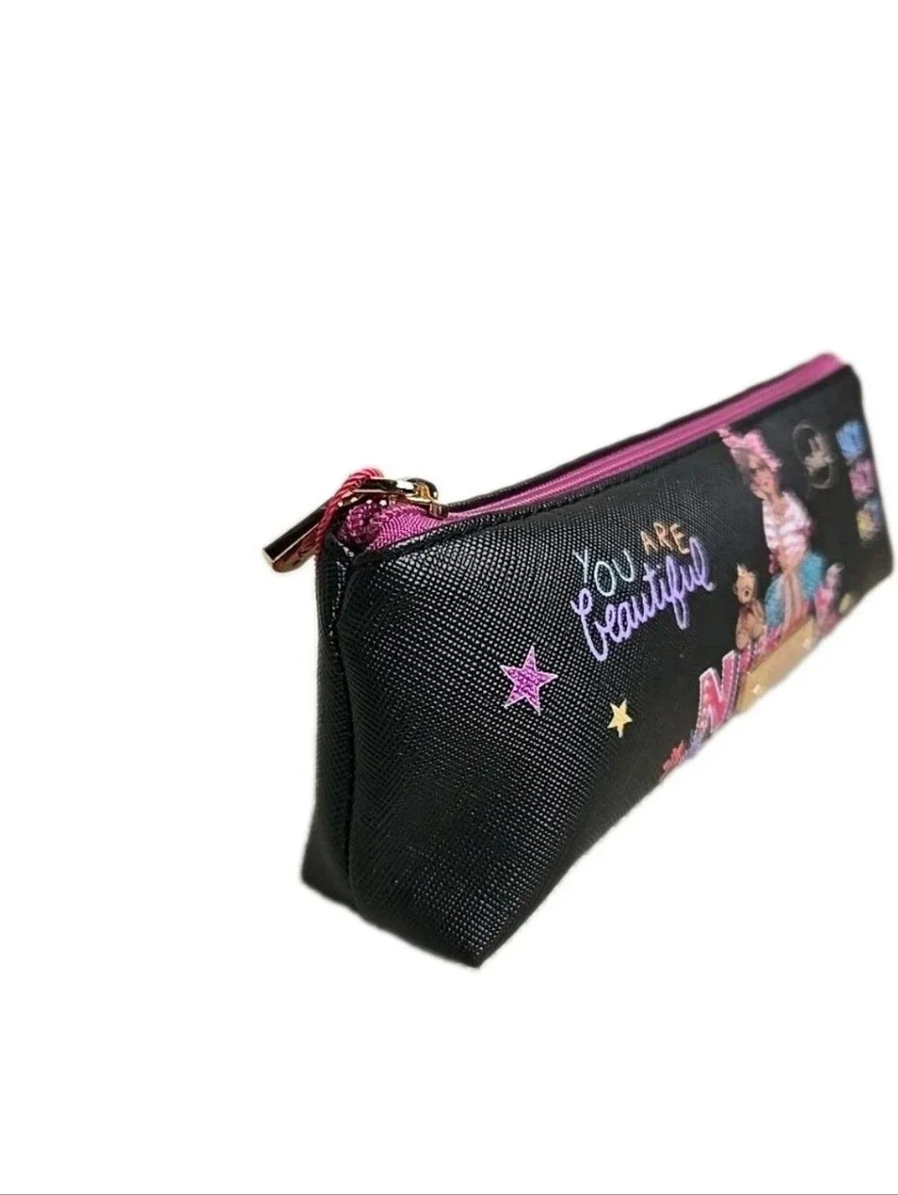 Nikky by Nicole Lee Slim Cosmetic Bag Makeup Travel Zipper Pouch Black Pink NWT